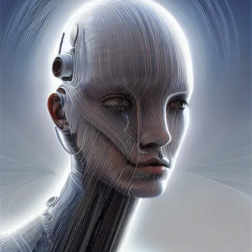 Prompt: a woman with a futuristic head and body, cyberpunk art by peter gric, cgsociety, computer art, future tech, sci - fi, futuristic