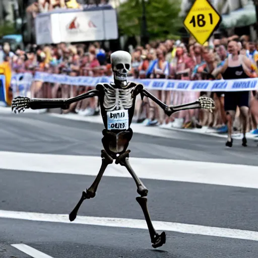 Prompt: A skeleton crossing the finish to win a marathon, award winning photograph, associated press photo, dynamic pose, 8k, award-winning, sharp focus