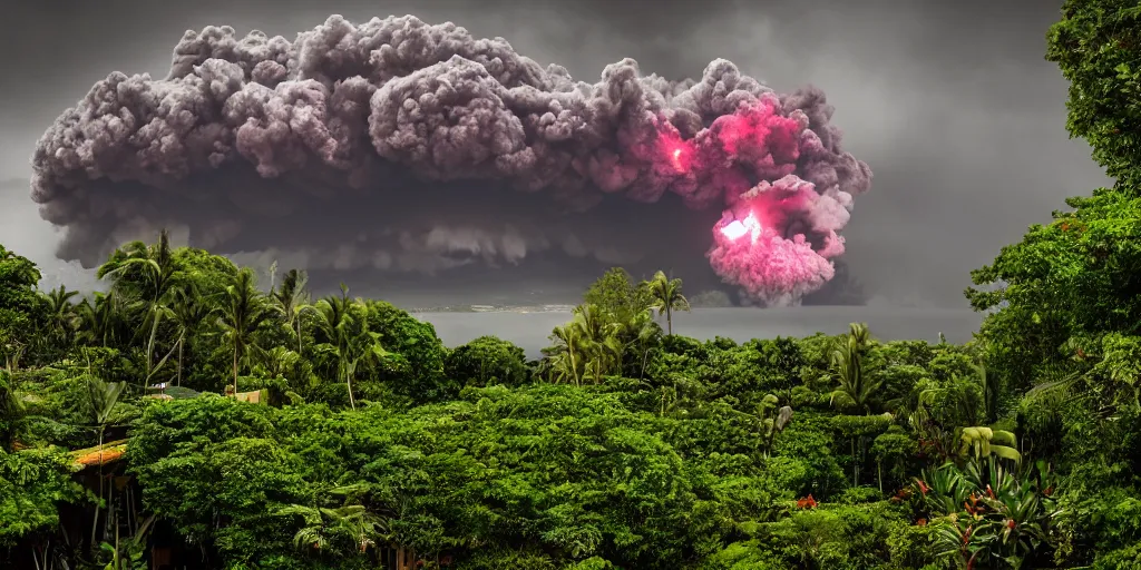 Prompt: atomic blast over a Hawaiian villa in the middle of an tropical forest, ominous Sky, gloomy atmosphere, cinematic, mist, High definition, 8k, ultra detailed