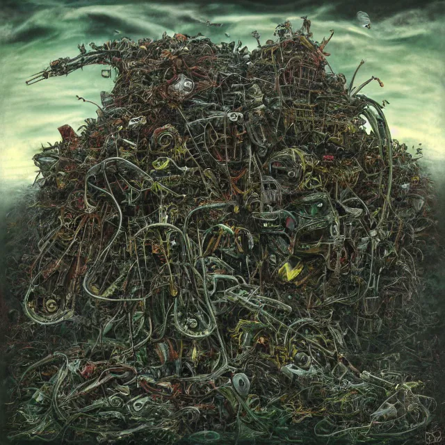 Image similar to a machine made of rubbish with long arms devours other rubbish and creatures in a giant rubbish heap full of strange and terrifying creatures, under a green sky in the distance, bones, corpses, monsters, hell, distorted, creepy, illustration, by dan seagrave, cinematic photographym, cinematic, ue 5, metal album cover art