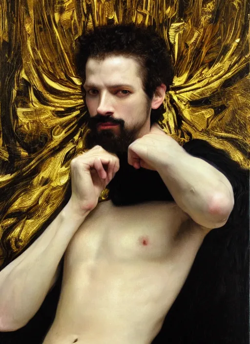 Image similar to highly detailed oil painting | very intricate | cinematic lighting | black, white and gold color scheme, dark background | a man dressed by alexander mcqueen | by roberto ferri, by gustav moreau, by singer sargent and klimt, american romanticism, occult art | by austin osman spare, artstation, cgsociety, official art, octane