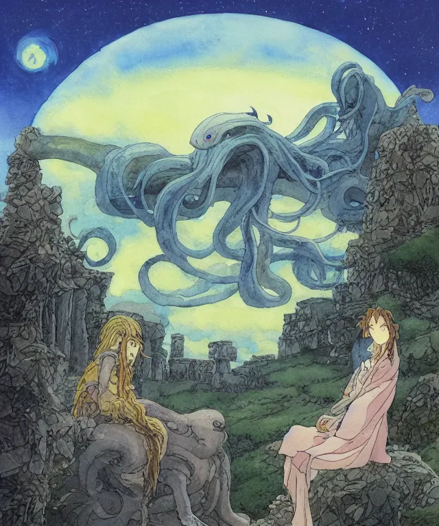 Image similar to a hyperrealist studio ghibli watercolor fantasy concept art. in the foreground is a giant long haired grey squid sitting in lotus position on top of stonehenge with shooting stars all over the sky in the background. by rebecca guay, michael kaluta, charles vess