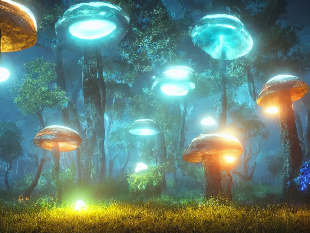 Image similar to many large bioluminescent mushrooms with glowing spores, unreal engine 5, uhd wallpaper 8k