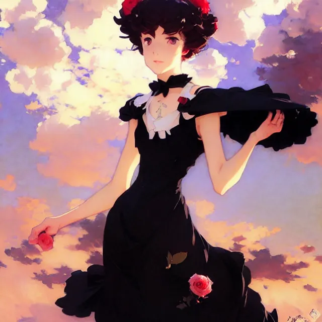 Prompt: beautiful rose anime girl in elegent black dress, krenz cushart, mucha, ghibli, by joaquin sorolla rhads leyendecker, by ohara koson