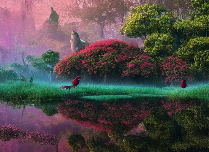 Image similar to soft painting large rooster reflection refraction world synthwave ruins ponds alien vegetation, accurate features, focus, very intricate ultrafine details, black autumn, dense fog, award winning masterpiece, octane render 8 k hd, fantasy