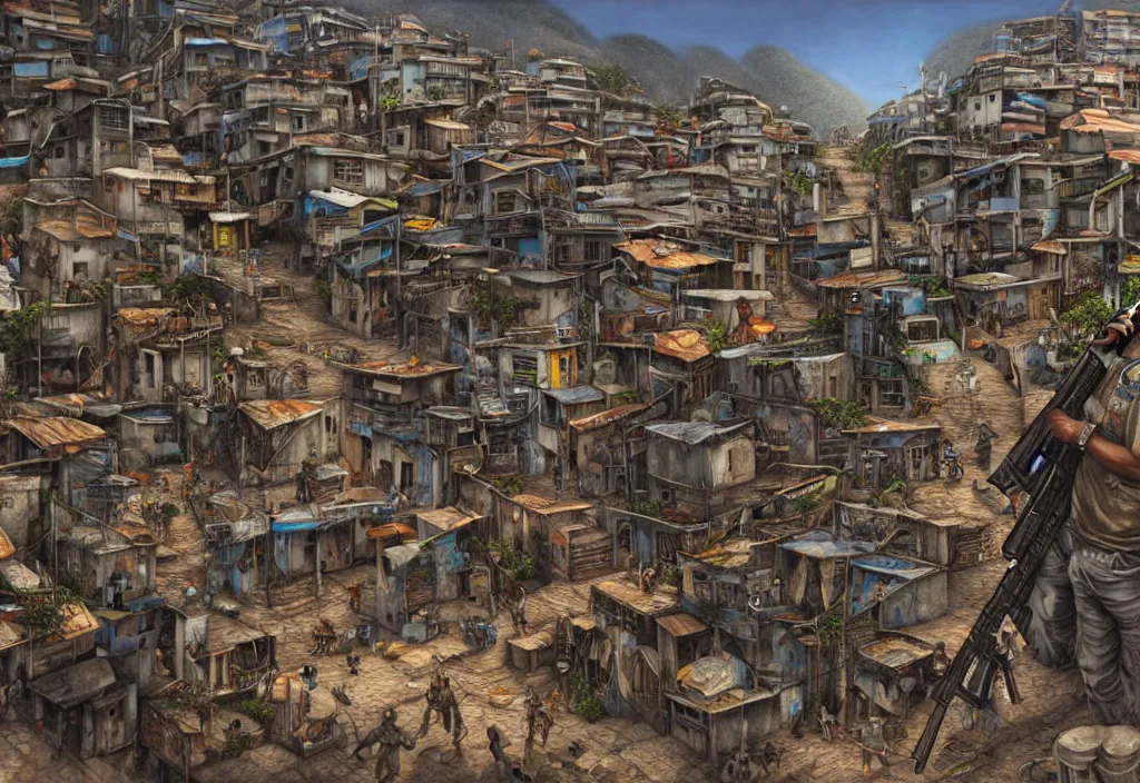 Image similar to photorealistic favela rio with precise rendered guns arsenal with intricate details of gun happy people in by Justin Gerard