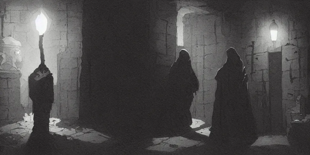 Prompt: a hooded figure carrying a torch approaches an abandoned tavern on a moonlit night, Mike Mignola and Greg Rutkowski