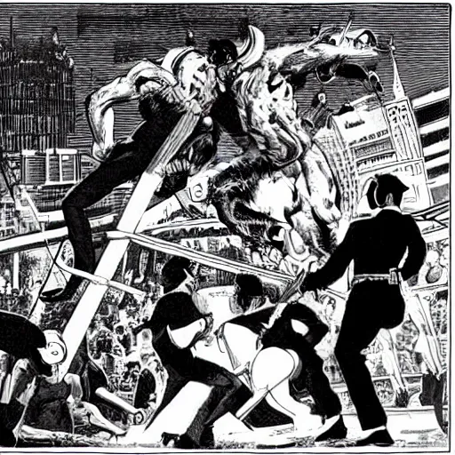 Prompt: high contrast men in black fighting a giant minotaur