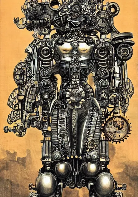 Prompt: steampunk clockwork durga mecha by marek okon designed by alexander mcqueen rendered by masamune shirow and by virgil finlay