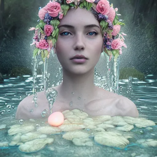 Image similar to ultra realistic 3 d render of a gorgeous goddess made of water and blooming flowers rising out of the water dripping by charlie bowater and farid ghanbari, beautiful, bioluminescent, ethereal, waterfall, intricate, elegant