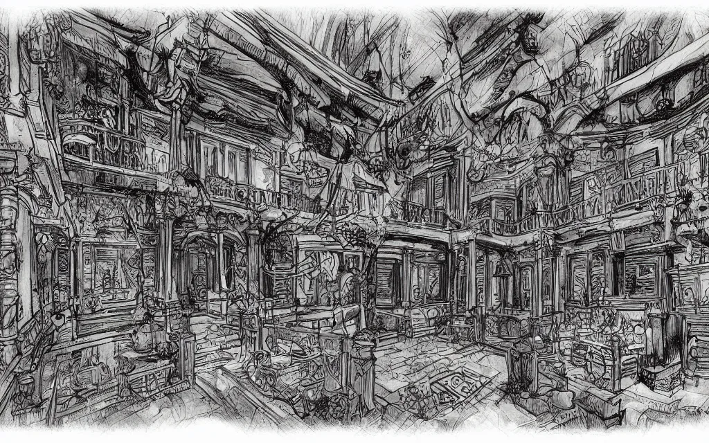 Image similar to haloween lovecraftian mansion interior epic, drawn by pete amachree