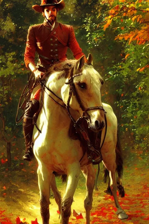 Prompt: attractive man riding a horse in the woods with falling red leaves, painting by gaston bussiere, craig mullins, j. c. leyendecker, ghibli style