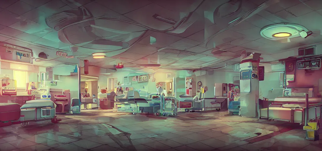 Prompt: retro hospital concept art, colorful, 8 k photorealistic, hd, high details, trending on artstation