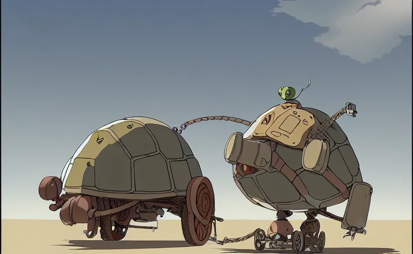 Image similar to a study of cell shaded cartoon of a grey mechanized turtle from howl's moving castle ( 2 0 0 4 ) on a desert road, full body, wide shot, muted colors, post grunge, studio ghibli, laurie greasley, highly detailed, deviantart, art by artgem