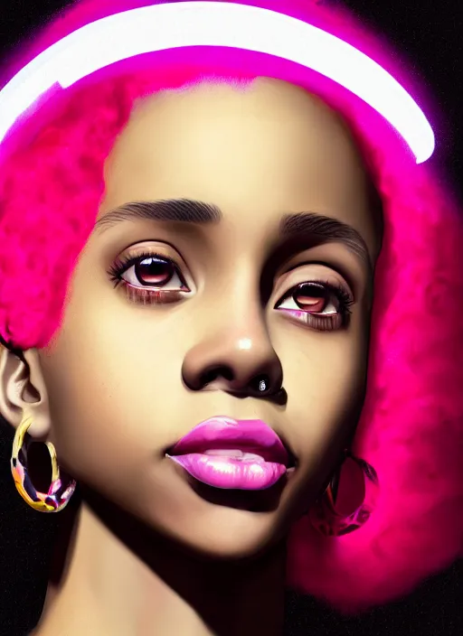 Image similar to portrait of teenage vanessa morgan with bright pink hair, black girl, vanessa morgan, curly pixie cut hair, wearing newsboy cap, newsboy cap, hoop earrings, intricate, elegant, glowing lights, highly detailed, digital painting, artstation, concept art, smooth, sharp focus, illustration, art by wlop, mars ravelo and greg rutkowski