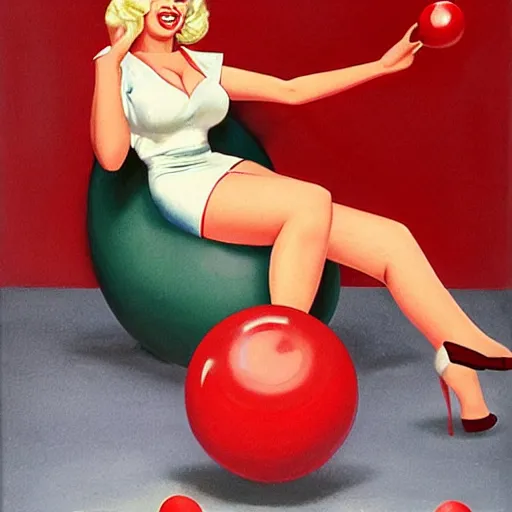 Prompt: jayne mansfield in a bowling alley, jayne mansfield about to roll a large red bowling ball down a bowling land towards bowling pins, jayne mansfield holding a large red bowling ball in a provocative pose, by mort kunstler and gil elvgren