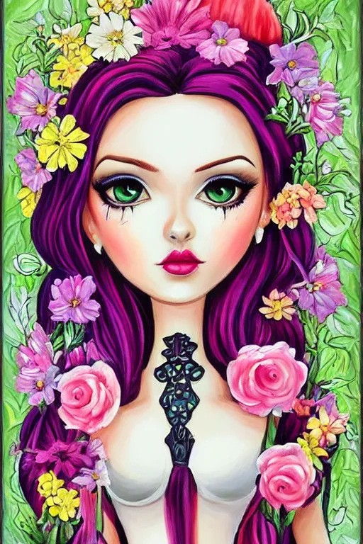 Prompt: portrait gothic barbie with flowers painted by jeremiah ketner