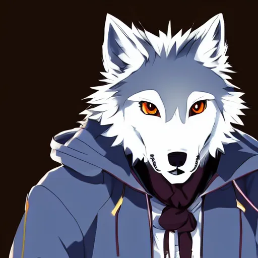 Image similar to key anime visual portrait of an anthropomorphic anthro wolf fursona, in a jacket, with handsome eyes, official modern anime art