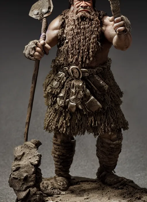 Image similar to 8 5 mm f 1. 8 photograph of a claymation sculpture warrior dwarf, highly detailed sculpey diorama, by erwin olaf, smooth, sharp foccus, commercial photography, fashion shoot