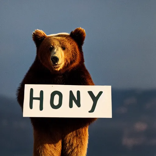 Image similar to bear holding a sign that says honey, 5 0 mm lens, bokeh, good lighting