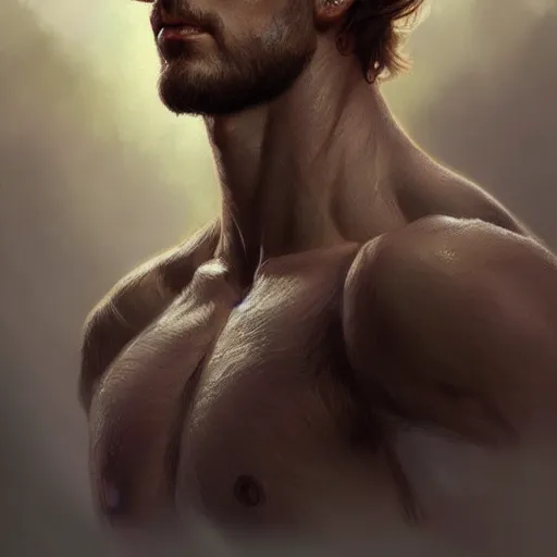 Image similar to portrait of forest gog, male, clear face, masculine, upper body, muscular, fantasy, intricate, elegant, highly detailed, digital painting, artstation, concept art, matte, sharp focus, illustration, art by artgerm and greg rutkowski and alphonse mucha