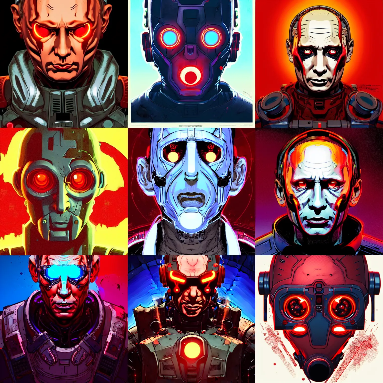 Prompt: cell shaded portrait of a cybernetic vladimir putin with glowing red eyes looking at the camera as Borderlands 3 concept art, llustration, post grunge, concept art by josan gonzales and wlop, by james jean, Victo ngai, David Rubín, Mike Mignola, Laurie Greasley, highly detailed, sharp focus, intricate, Trending on Artstation, HQ, deviantart, art by artgem