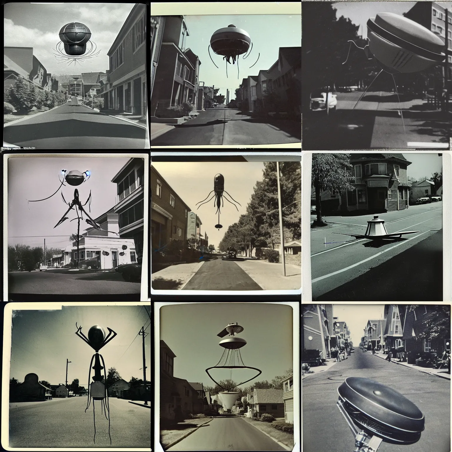 Prompt: old polaroid from 1 9 5 2 depicting an intricate extraterrestrial alien probe, hovering in a street, in an american suburb, sunny day