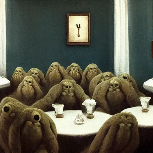 Prompt: tardigrades!!!!!!!! in restaurant in style of vilhelm hammershoi