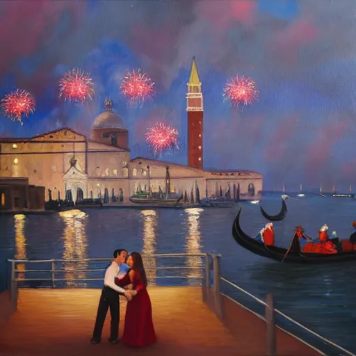 Image similar to an oil painting of couple kissing, in a background fireworks in venice