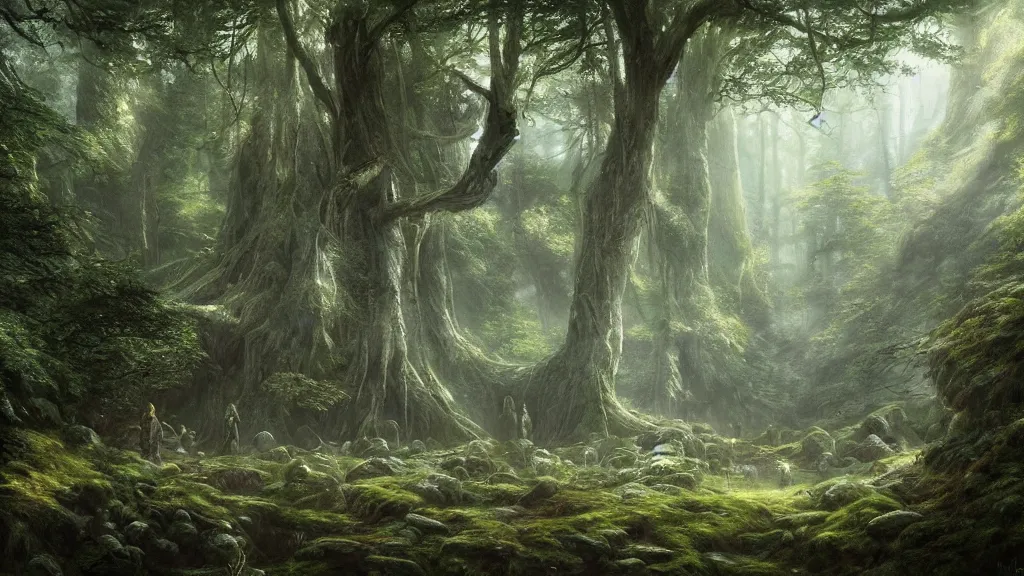Prompt: peaceful elven forest, thick forest, large living trees are visible in the background, by alan lee, michal karcz, smooth details, lord of the rings, game of thrones, smooth, detailed terrain, oil painting, trending artstation, concept art, fantasy matte painting