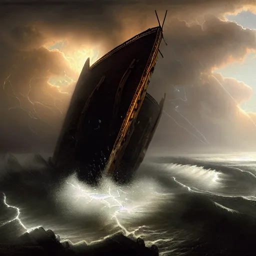 Prompt: an ancient trojan trireme being destroyed and shattering in a massive storm, destruction, huge looming mountainous rocks, whirlpool, trireme, by greg rutkowski, grim, lightning flashes, sky swirling with black wind, dark sky, dramatic, realistic, detailed, ancient, artstation, artgerm, digital painting