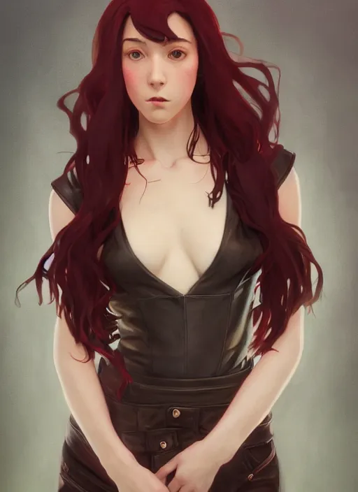 Image similar to pretty young woman with shoulder length shiny shimmering dark red hair and wearing worn leather jacket, concept art, t - pose, full body, path traced, highly detailed, high quality, digital painting, by studio ghibli and alphonse mucha, leesha hannigan, makoto shinkai, arcane