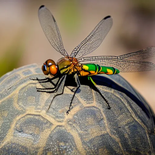 Image similar to photo of dragonfly on the head of a tortoise, 5 0 mm, beautiful photo