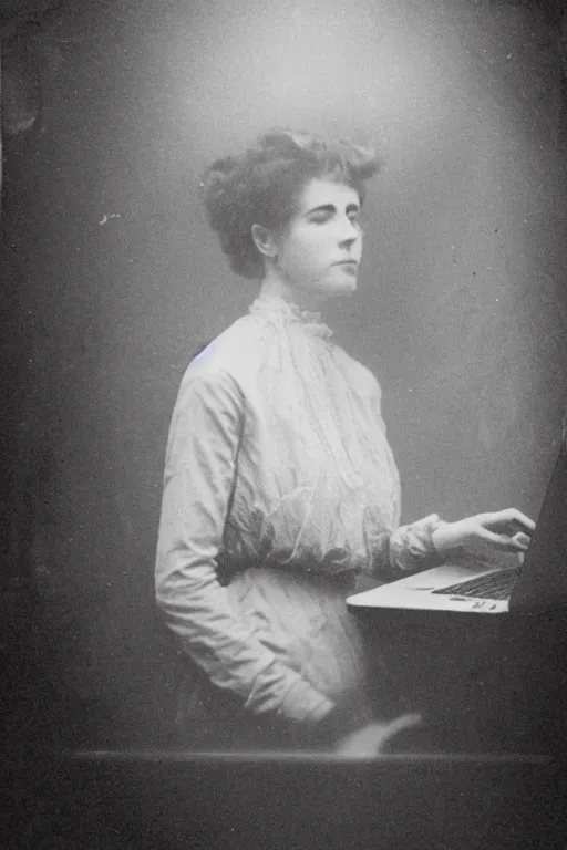 Image similar to 1 9 0 0 s photo of a person on a macbook pro old photo grain double exposure masterpiece