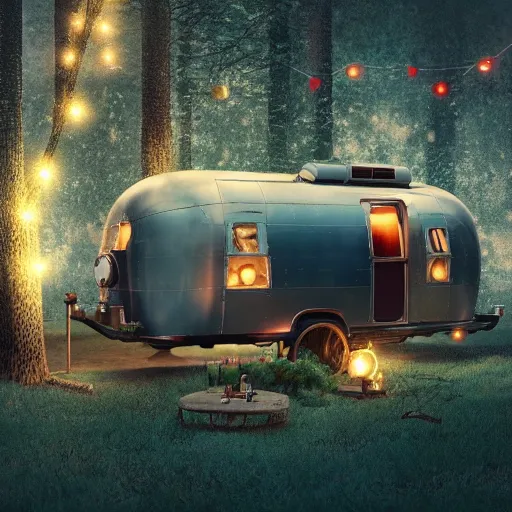 Prompt: treehouse made of a vintage airstream, fairy lights, fine art, cinematic lighting, hyperdetailed, photorealistic, high resolution, cozy!, award winning, featured in artstation, octane render