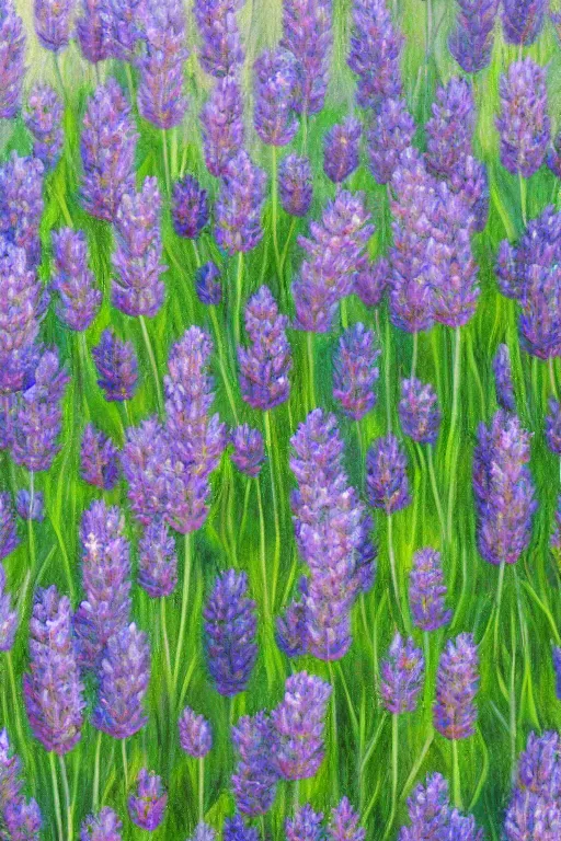 Prompt: hyperrealism close-up mythological composition of a huge number of lavender flowers merged with small wooden church, turquoise palette, in style of classicism
