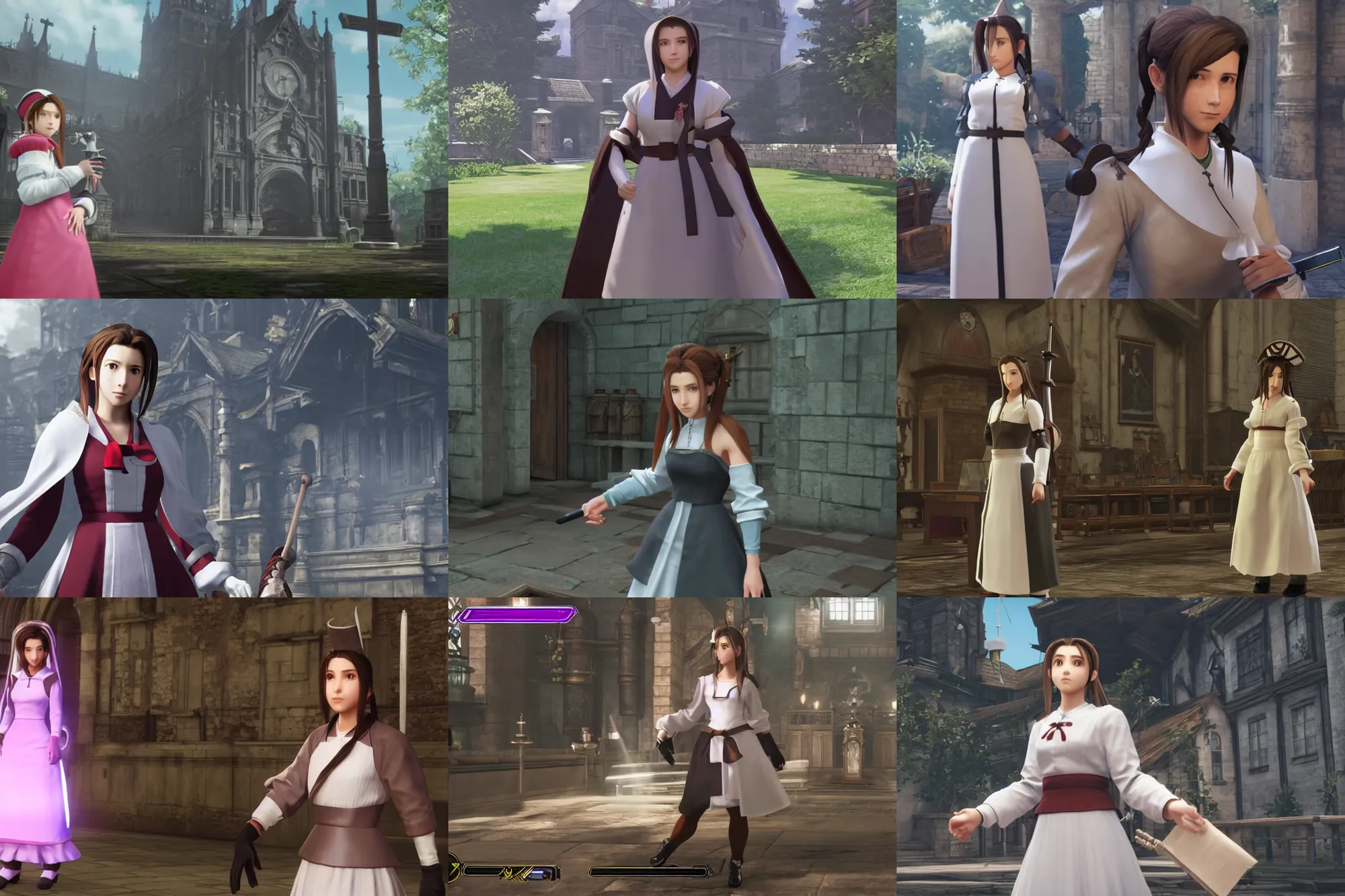 Prompt: Aerith gainsborough dressed as a catholic nun, FFVII Remake, in game screenshot, hq