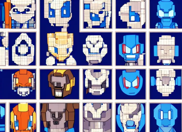 Prompt: a 3 - by - 3 grid of 9 framed closeup face portraits of cute evil robots, in the style of mega man.