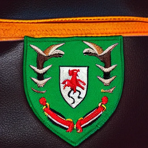 Prompt: closeup photo of a colorful embroidered patch of the coat - of - arms of the house of watanka from hogwarts which has the theme of a buffalo. the patch is sewn onto a leather school - bag.