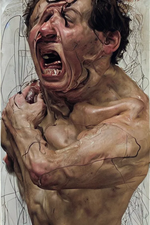 Image similar to a man enraged, part by Jenny Saville, part by Lucian Freud