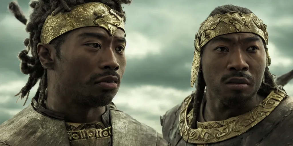 Image similar to a film still of a black man starring in a japanese blockbuster film as an ancient samurai, shallow depth of field, cinematic, award winning cgi, vfx, film still