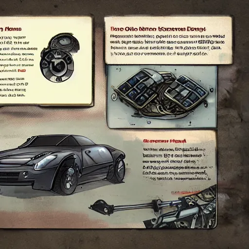 Image similar to car engine car parts concept art card, comic page, dishonored style, ui card