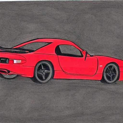 Prompt: pen ink drawing black red 1999 FD RX-7 Shuichi Shigeno and Michiharu Kusunoki