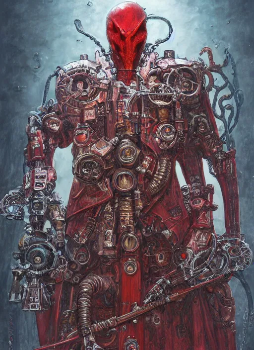 Image similar to portrait of rotten Nicolas Cage as adeptus mechanicus in red hood and robe from Warhammer 40000, mechanical tentacles. Highly detailed, artstation, illustration by and John Blanche and zdislav beksinski and wayne barlowe