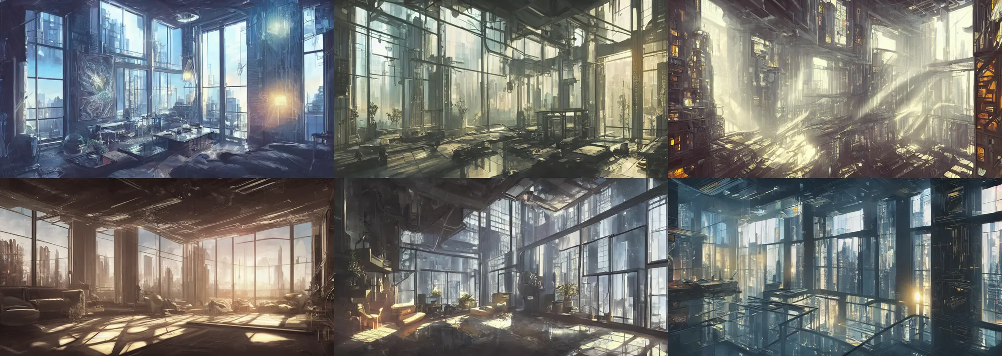 Prompt: picture of an interior loft, luxury, interior design, tall windows, reflections, cyberpunk city, first light, sunshafts, volumetric lights, colorful, concept art, art station, by earnst haeckel