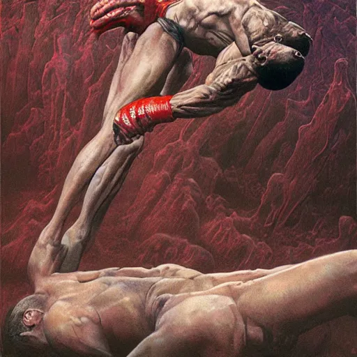 Image similar to tony ferguson knocked out illustrated by Wayne Barlowe, Zdzisław Beksiński, H. R. Giger, mma, mixed martial arts, mixed martial artists, UFC, Ultimate Fighting Championship, trending on artstation, detailed art, oil painting, C 10