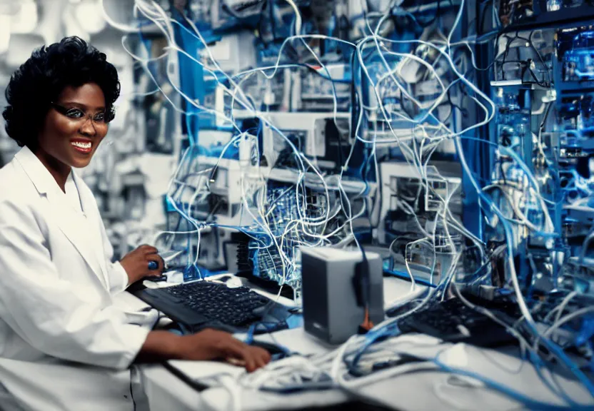 Image similar to dark skin woman wearing a white lab coat with a blue haircut, connected to wires and surrounded by 1 9 8 0 s computers, poloroid, dynamic lighting, dark ambience, detailed face, retro tech, 3 5 mm