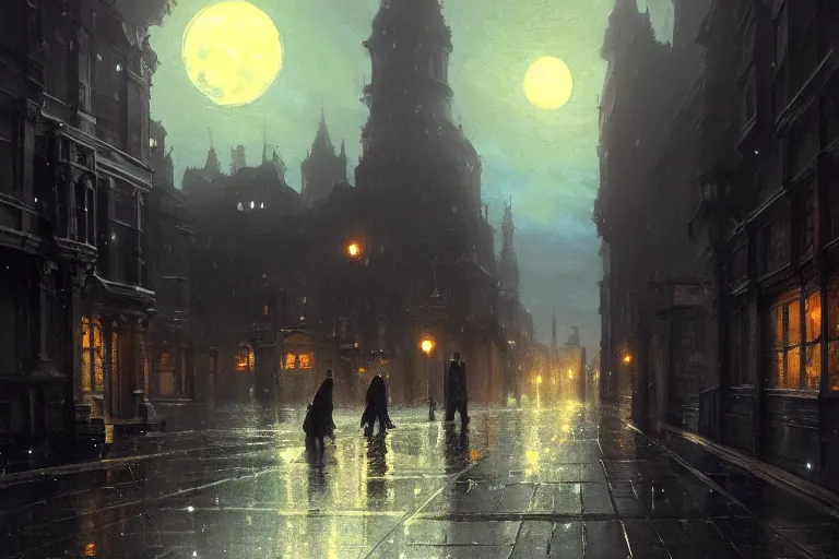 Image similar to a shadow in the sky above a victorian city, scene in a rainy night. full moon, 1 8 9 0, key visual, conceptart, ambient lighting, highly detailed, digital painting, artstation, concept art, sharp focus, by makoto shinkai and akihiko yoshida and greg manchess