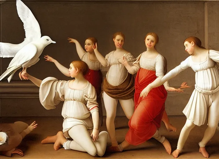 Image similar to realistic museum photography of a painting with a group of girls wearing white shorts, dancing with white pigeons in a wooden room in style raffaello sanzio, italian renaissance painting, detailed