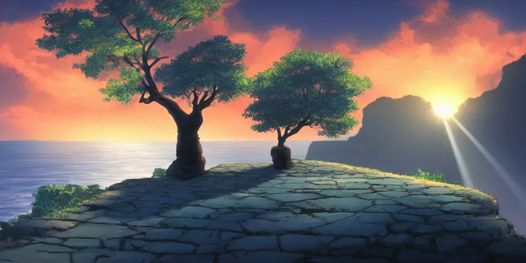 Prompt: a lonely cobblestone street with a tree on a cliff over the sea at sunset, backlighting, brightly illuminated by rays of sun, in the style of Broken Sword: 2